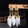 Bohemian Vintage Zircon For Women 2024 Trendy Carved Leaf Feather Tassel Long Earrings
