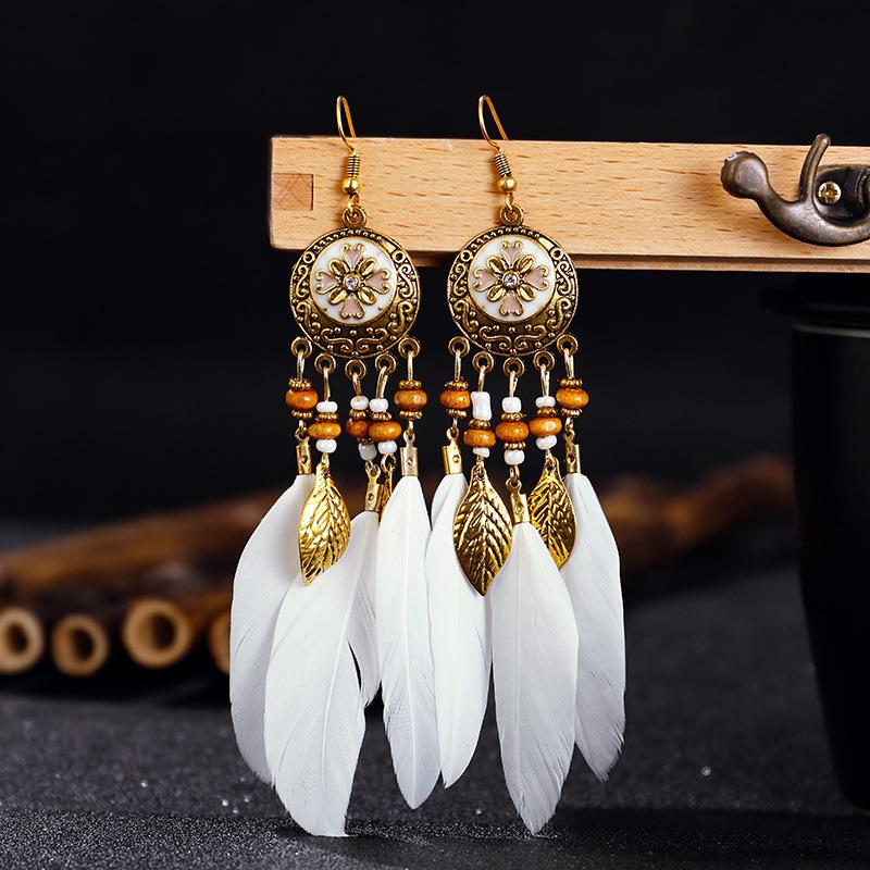 Bohemian Vintage Zircon For Women 2024 Trendy Carved Leaf Feather Tassel Long Earrings