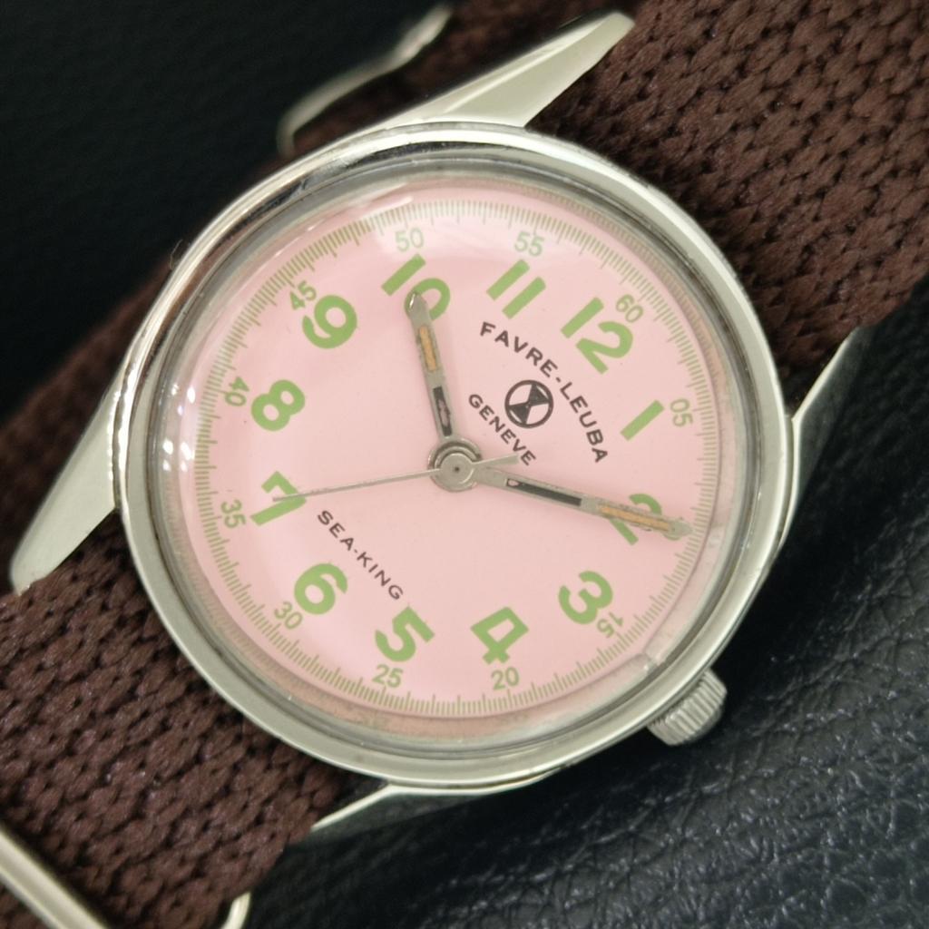 HAND-WINDING VINTAGE FAVRE LEUBA 253 SEA KING SWISS MENS PINK WATCH a703007-1