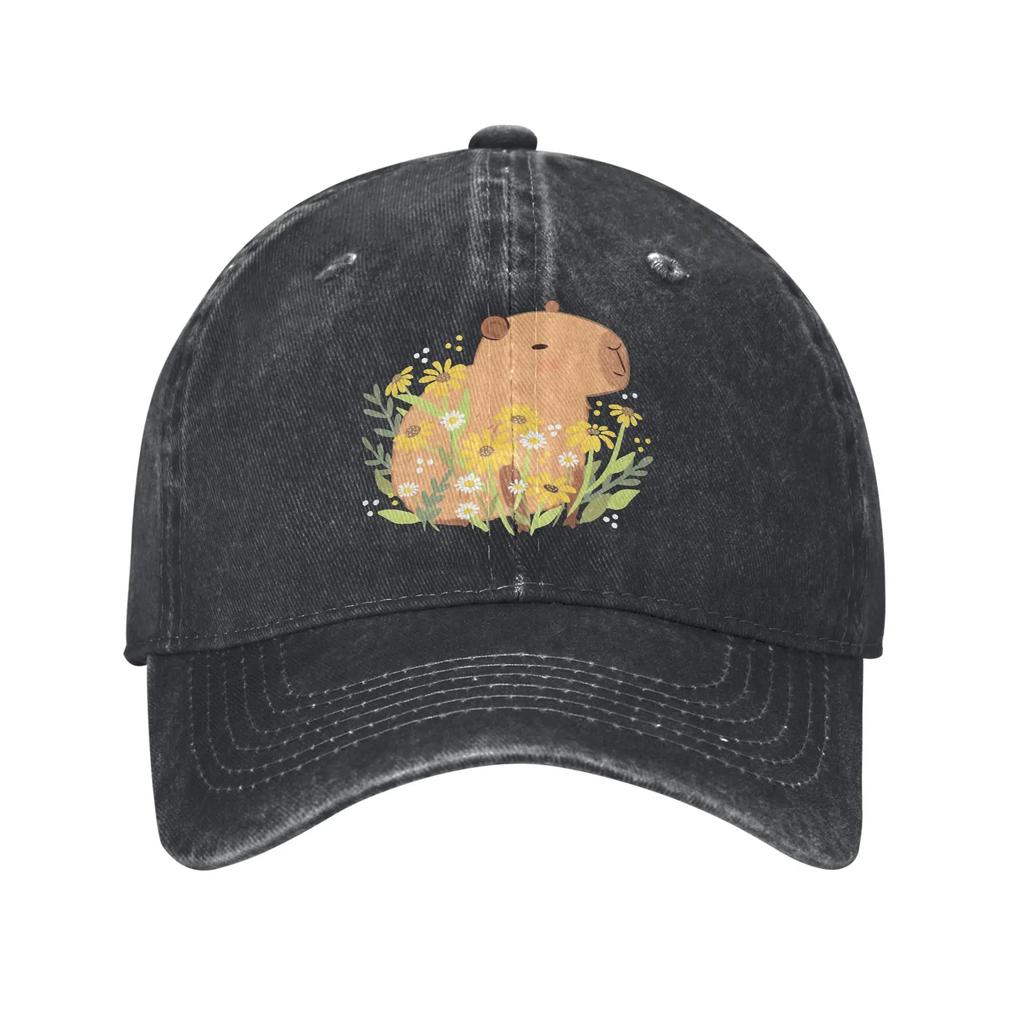 Capybara with Daisy Flowers Sun Baseball Cap Yk Cute UnisexTeens Washed Hats Breathable Custom DIY Baseball Caps Gift Idea