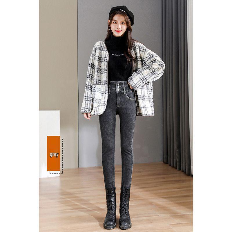 

Plus Velvet High-Waist Women s Slimming Pencil Jeans, Three-Button, Body-Shaping, Tight-Fit, Small-Leg, Long Pants 30
