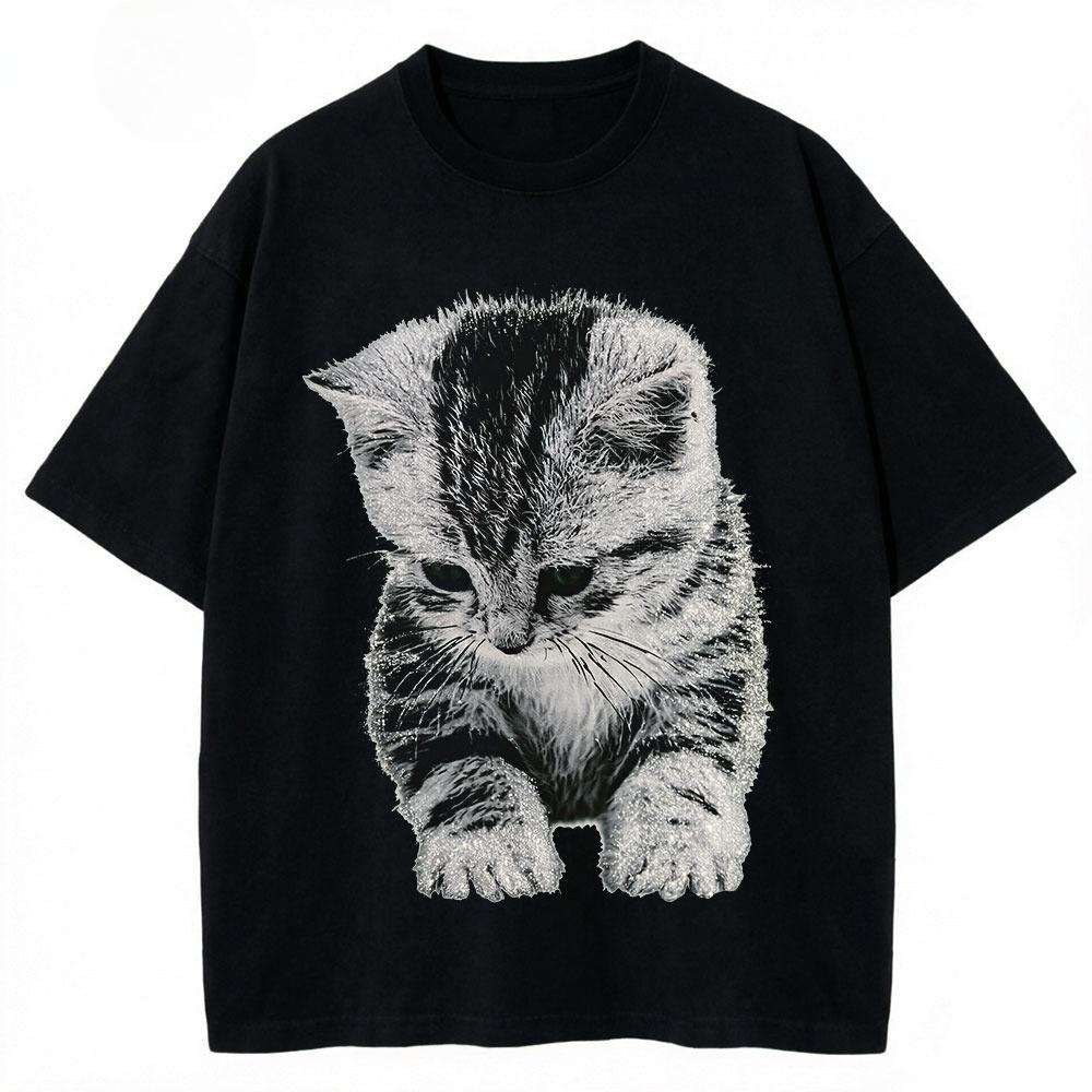 El Gato Trauriges Kätzchen Lustiges Meme Traurig Weinend Munchkin Katze Trendiges T-Shirt Für Unisex Unisex Baumwoll-T-Shirts Kurzarm-Oberteile Lässiges Oberteil