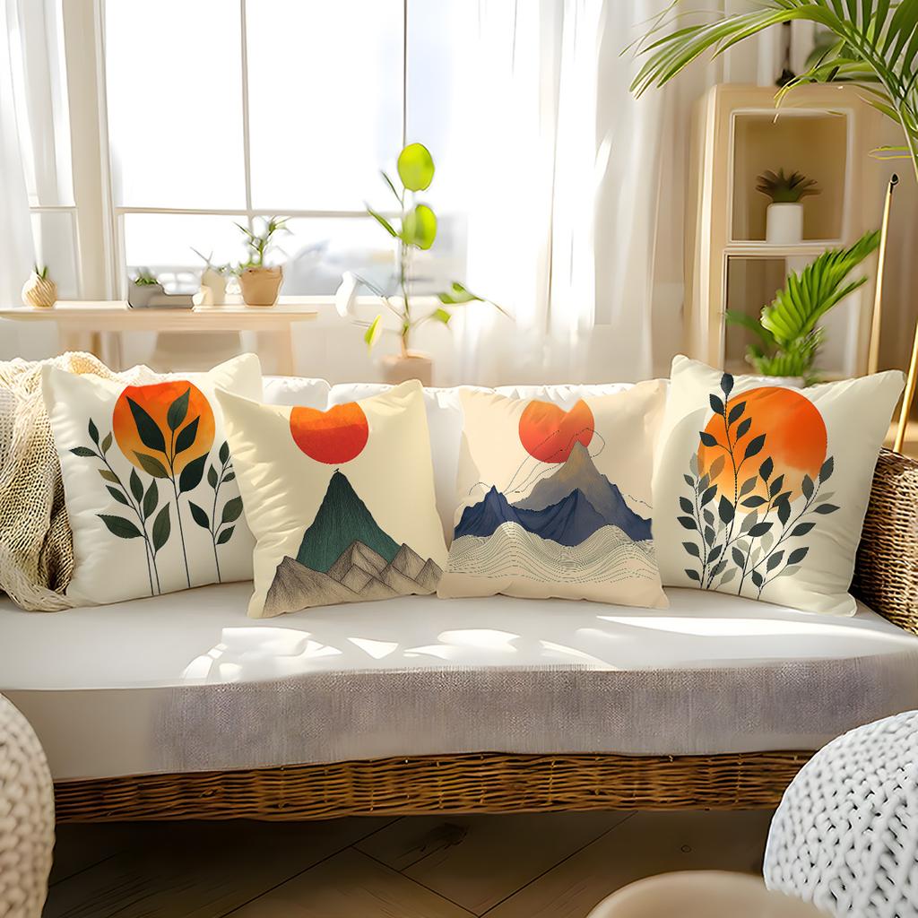 Double-Sided Printed Throw Pillow Covers, Watercolor Sun & Mountain Print Cushion Cases, Calming Zen Aesthetic For Sofa Bedroom