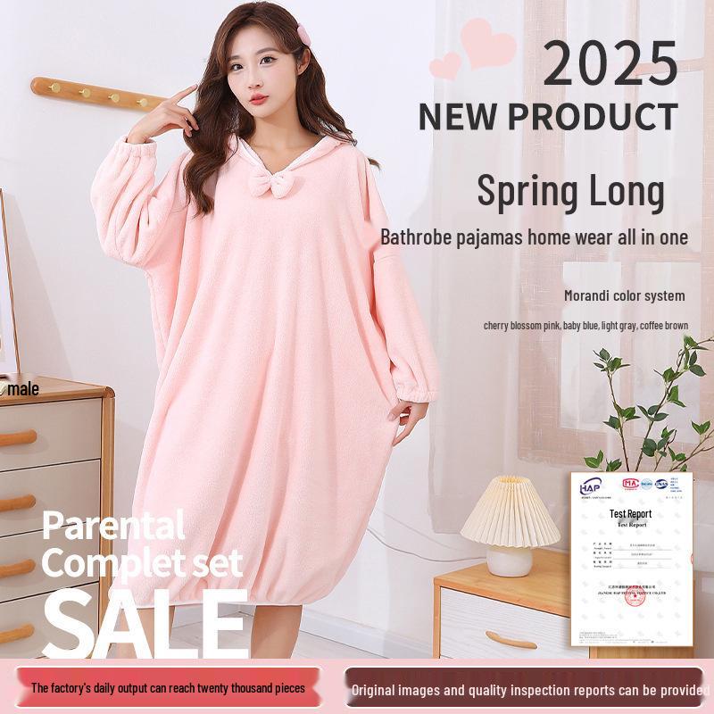 Women's Thickened Winter Hooded Bathrobe - Absorbent Coral Fleece Bath Towel with Long Sleeves and Bath Skirt