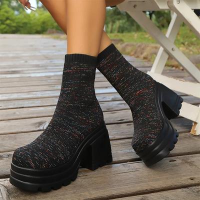 High Heels Damen Sockenstiefel Knöchel Winter Strickschuhe Chunky 2024 Plattform Fashion Walking Chelsea Boots New Mujer Zapatos