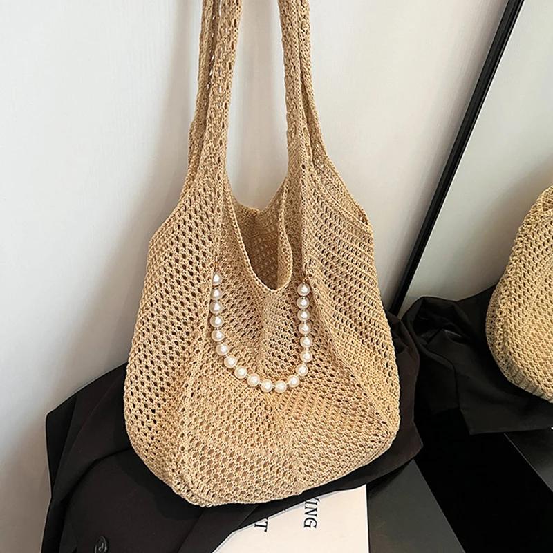 Yogodlns Однотонная вязаная сумка через плечо с вырезами, универсальная, богемная, крючком, сумка-тоут, большая вместимость, повседневная, плетеная сумка 53x2x31cm