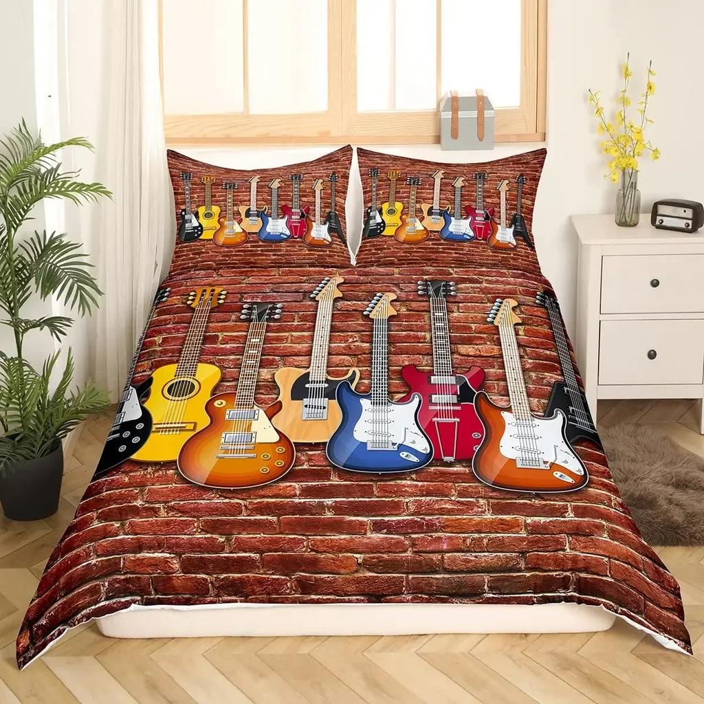 3Pcs Music Bedding Set Piano Keyboard Music Note Duvet Cover Queen Size Bed Linen Guitar Polyester Bedding Sets