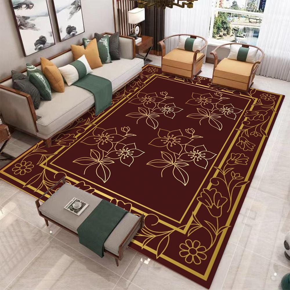 Red Gold Vintage Carpet Rug Luxury European Style Floral Pattern Non-Slip Durable Home Decoration Living Room Bedroom Floor Mat