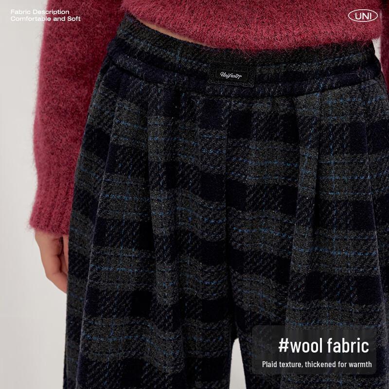 UNIFREE Women's Plaid Fleece-Lined Wide-Leg Trousers