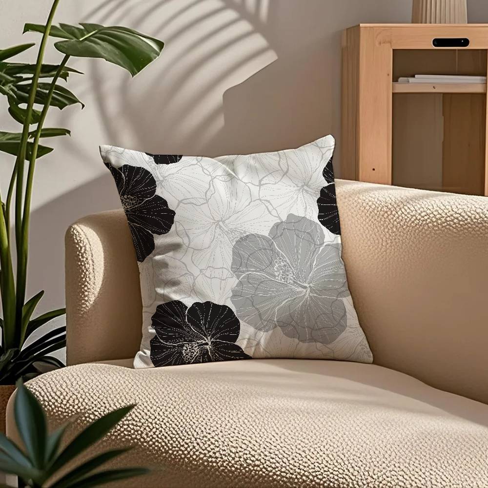 Svartvit Växtmönster Blad Kuddfodral Komfort Soffa Säng Silkeslen Elegant Dold Dragkedja Anpassad Dekorativ Kuddeöverdrag