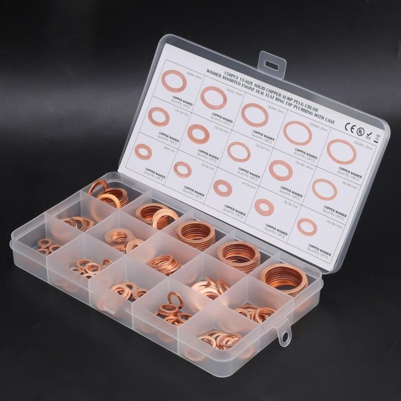 150pcs Flat Sealing Ring Red Copper Gasket O Ring Gasket Sealing Ring Washer M5/M6/M8/M10/M12/M14