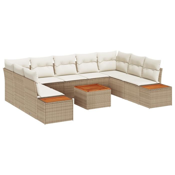 VidaXL Ensemble de Canapés de Jardin 10 pièces avec Coussins Beige Poly Rotin Acacia 3348172
