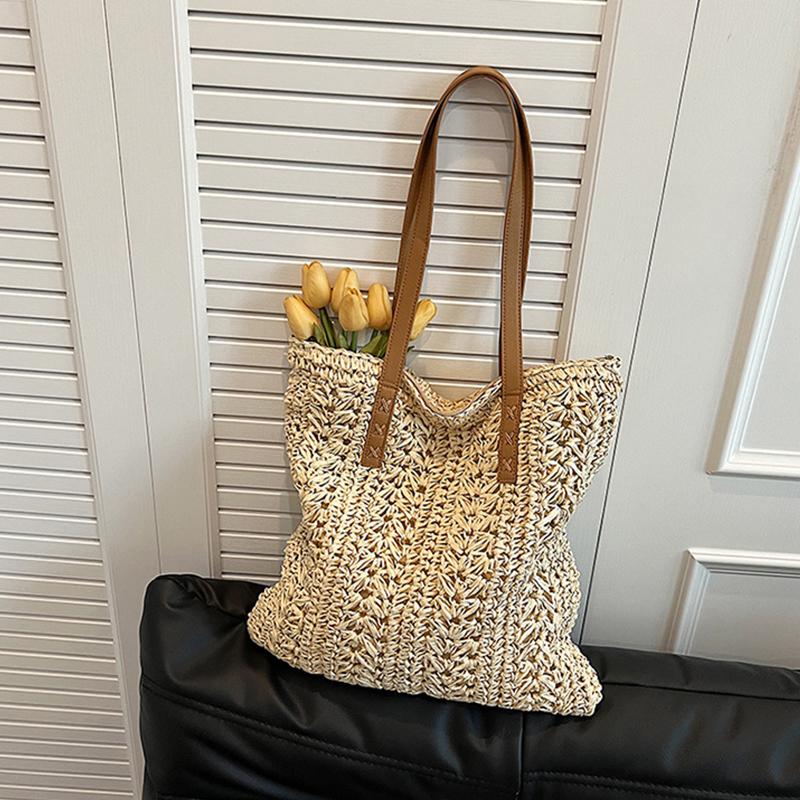 Women's Woven Straw Beach Bag Hand Woven Capacity Large Shoulder Bag Simple Travel Commuting Tote Casual Handbag