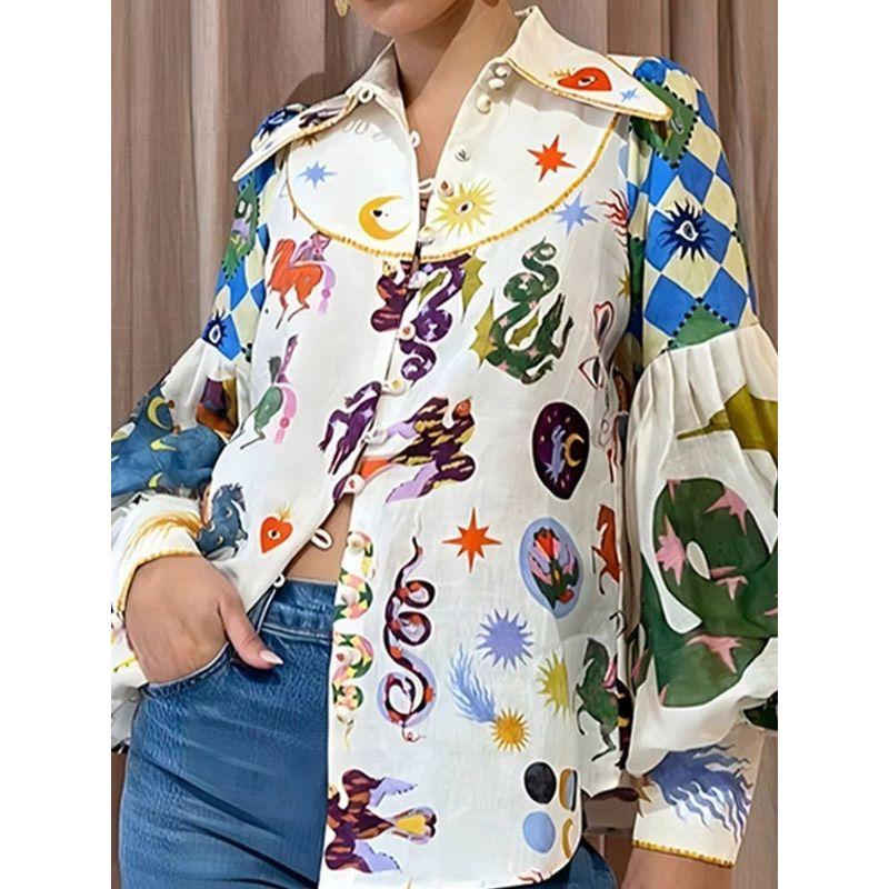 Printed Collar Lantern Long Sleeved Shirt Print Lapel Long Sleeve Shirt Female