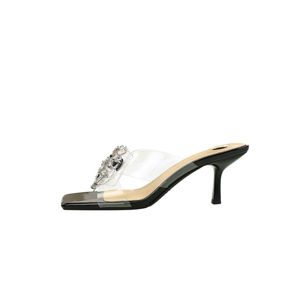 Women European Clear PVC Rhinestone Butterfly Slide Mules, Square Open Toe Sexy Slip On Thin Stiletto Heels DS-1927-H157