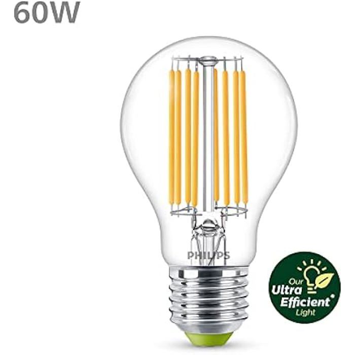 Ampoule LED Ultra Efficient Classe A - PHILIPS - 60W - Culot E27 - Blanc chaud 2700K - Verre transparent