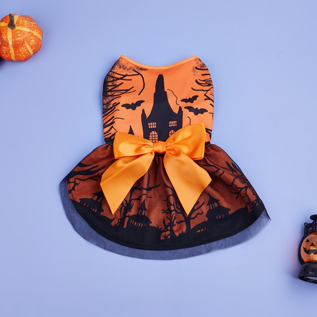 

Dog Dress for Small Dogs Costume Dark Forest and Castle Printed Puppy Clothes with Bowknot Doggie Pet Cat Comfort Clothes Appare XS（old） помаранчевий