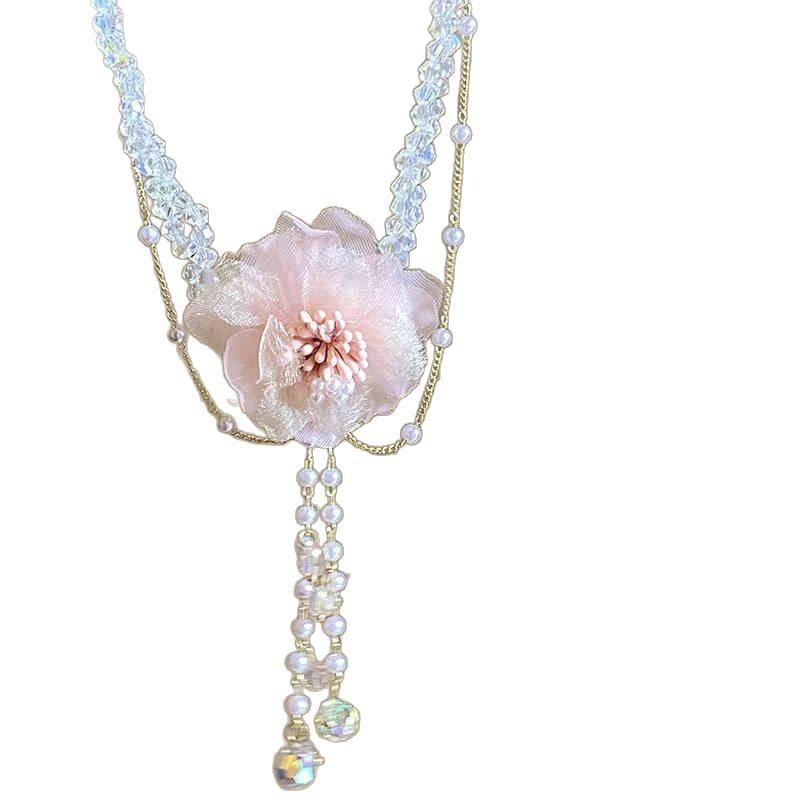 Pink Crystal Flower Pearl Necklace Earrings for Womens Summer Dopamine