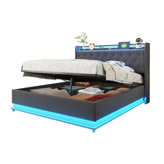 Adult Bed LED Upholstered 140x200cm with USB Charging Connection Double And Hydraulic Storage Skin-Friendly Linen Fabric Gray Children
