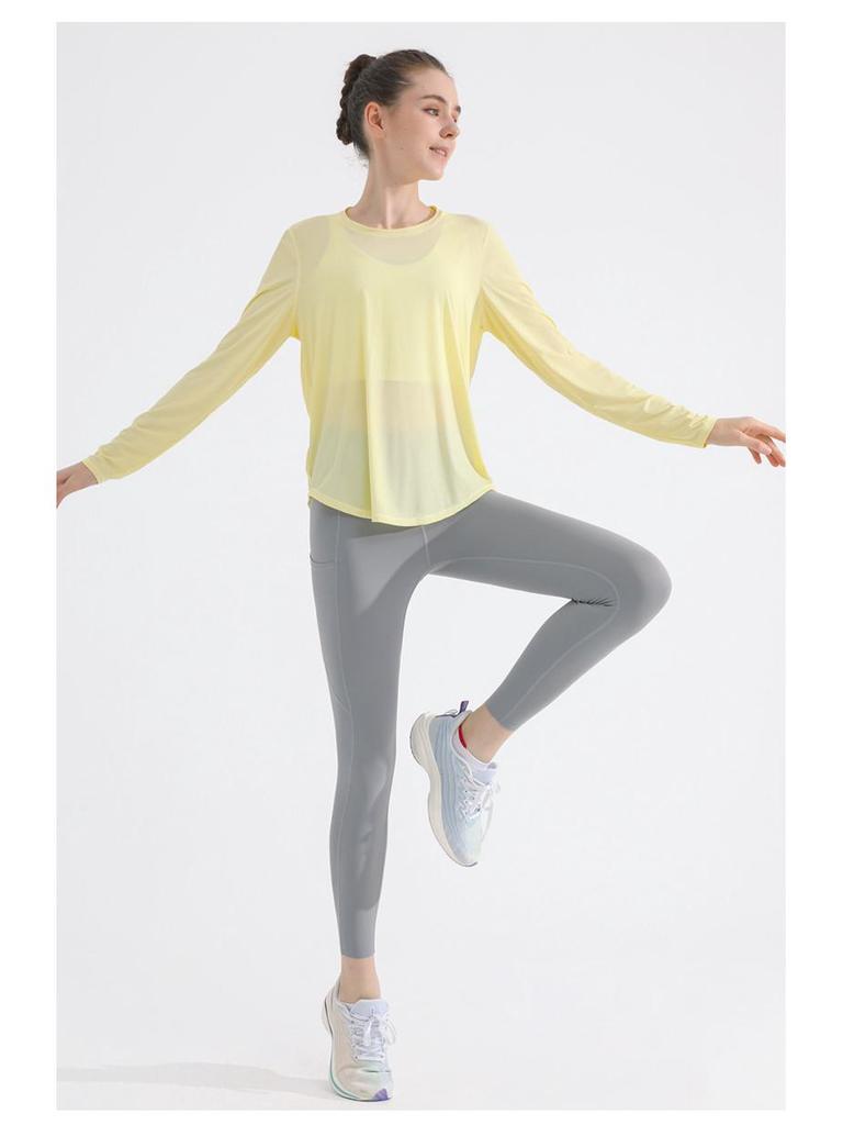 Women's Long-Sleeve Quick-Dry Yoga Top: Nude Open Back, Breathable, Loose Fit, Sun Protection for Running and Fitness.