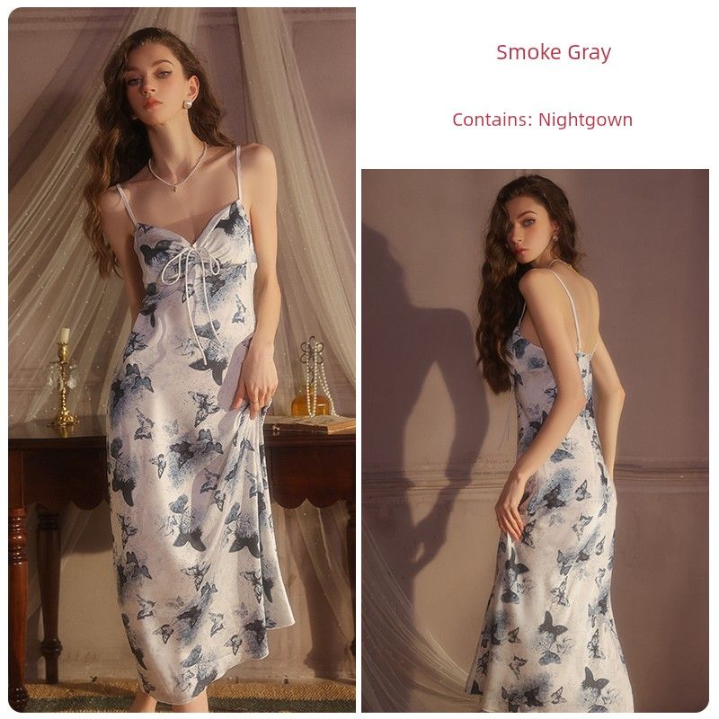 

Good Morning, Cold Feeling with You Ink Butterfly Print Ice Silk Strap Night Dress Long to Ankle Belt Chest Pad Sexy Ink butterfly 170 (XL)