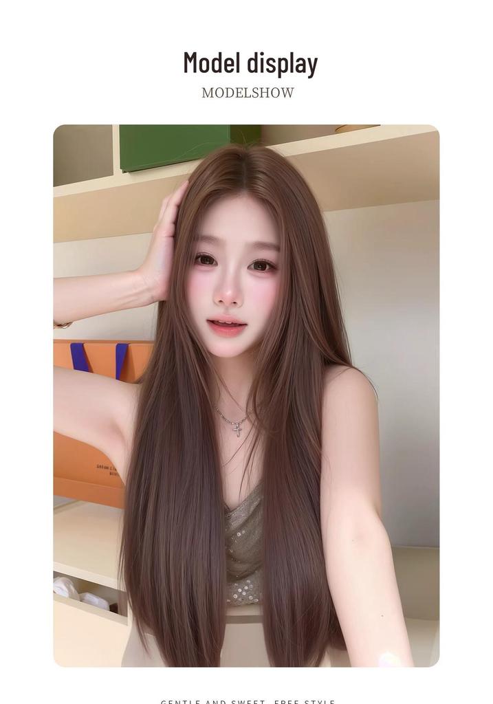 Korean Style Long Black Straight Wig for Women with Natural, Realistic Hair, Traceless Middle Part and Bangs.