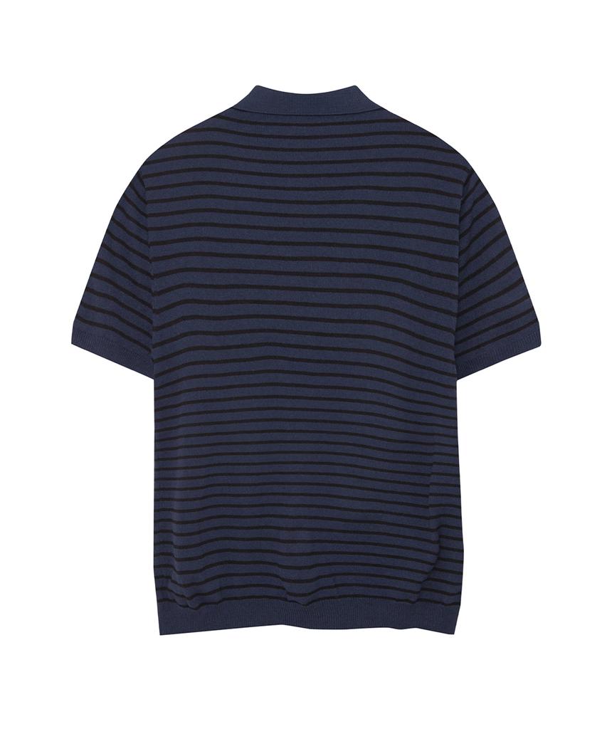 IRONYPORNO WHITELINE 86-Iro358 Color Stripe Button Collar Short Sleeve Knit Deep Navy