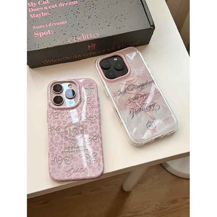 Pink Bow Lace Leopard Print Phone Case for Apple iPhone 16 promax-Soft Silicone Shockproof Creative Cover On iPhone16/15/14/13/12/11/Pro/Plus/Promax