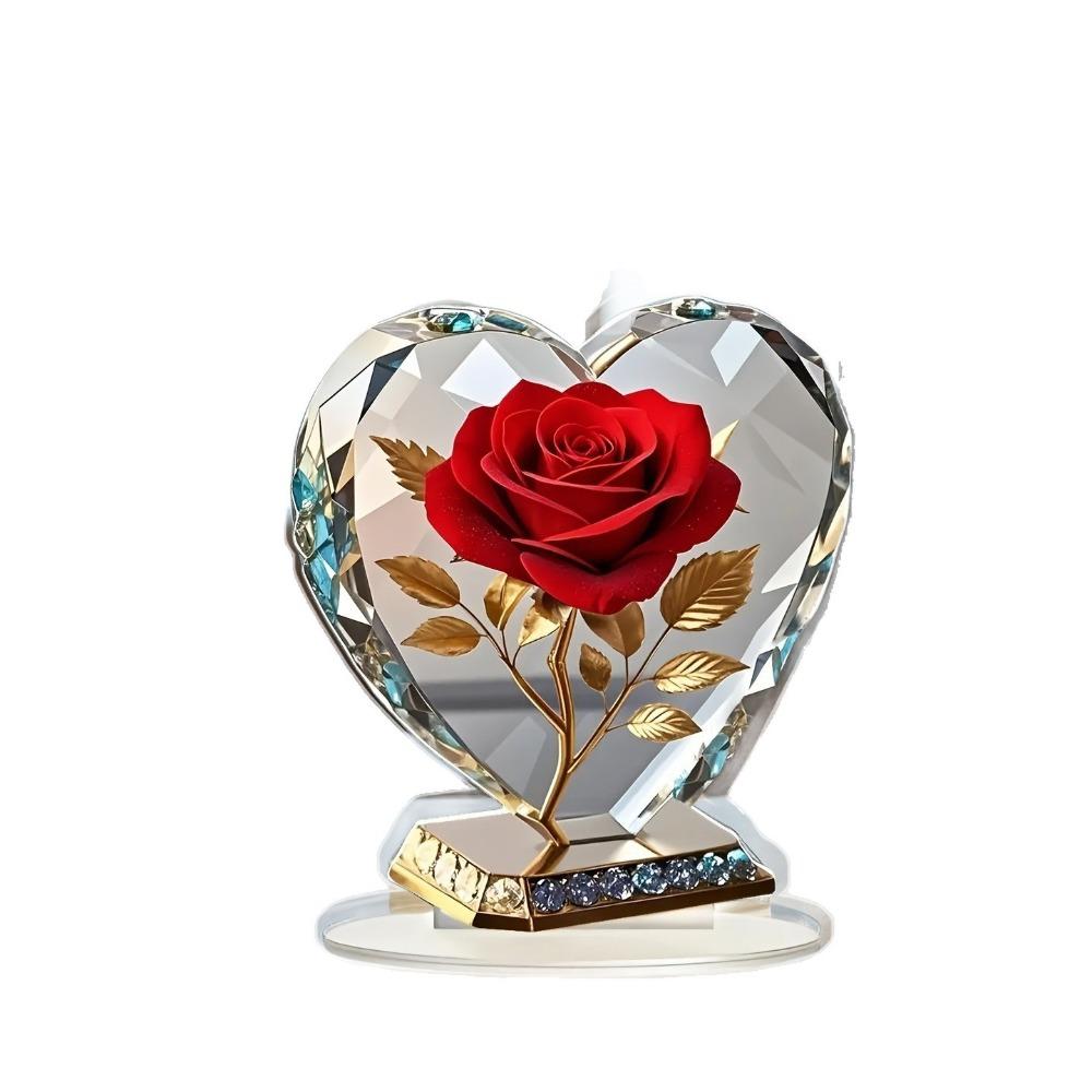 Elegante Rote Rosen Acryl Herz Skulptur Herzform Goldene Akzente Herzförmige Verzierung Acryl Liebes Andenken Heimdekoration
