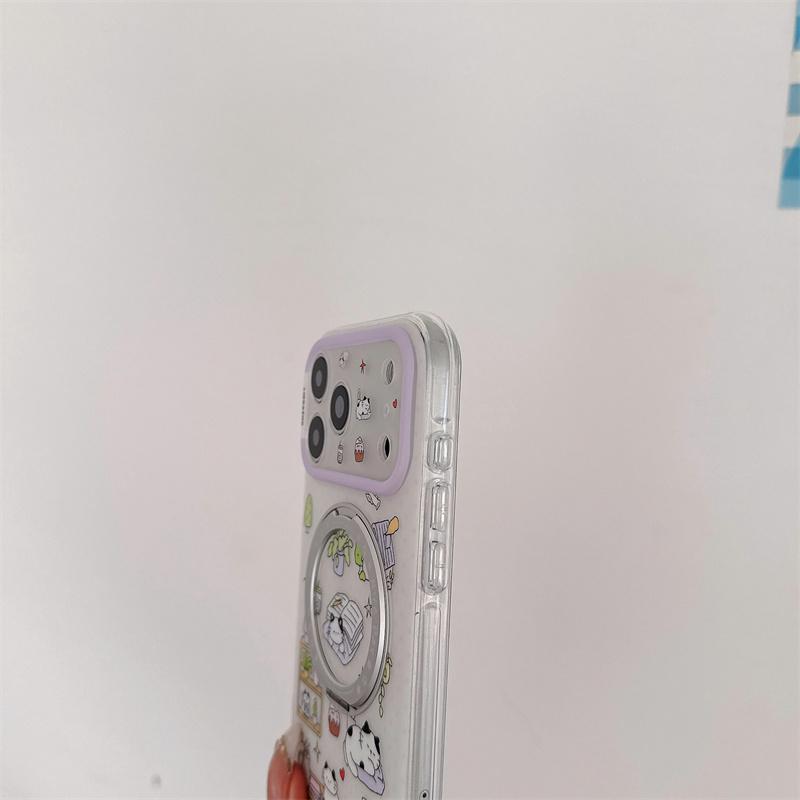 Kawaii Cartoon Dog Cat Print Ring Holder Phone Case For iPhone 15 16 17 Pro Max INS Korean Style Large Window Shockproof Cover