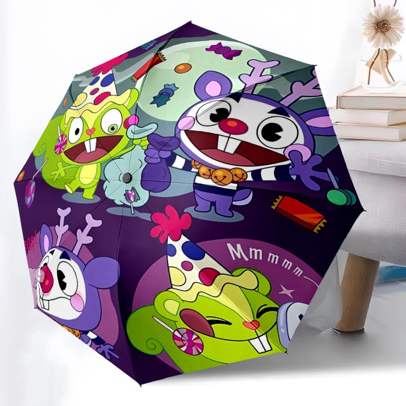 Happy Tree Friends3 Print Automatic Umbrella, 8 Rib Iron Frame, Plastic Handle, Suitable for Outdoor Travel &Daily , Ideal Gift