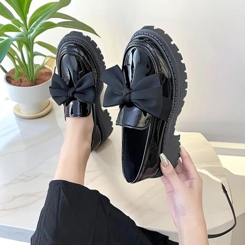 Fashion Women Flat Shoes Bowknot Leather Shoes Ladies 2025 New Spring Thick Heel Loafers Woman Fashion Comfortable Work Shoes Zapatos