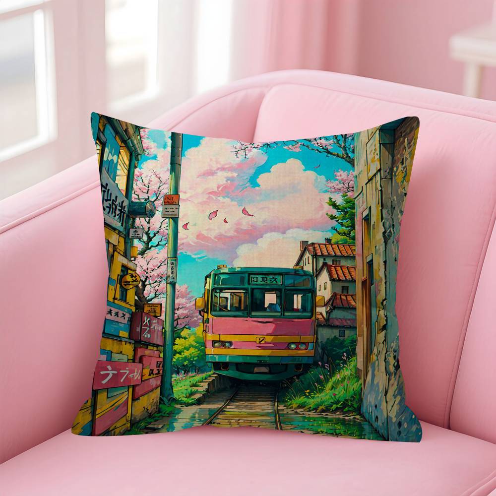 Japanese Street Train Scenery Sakura Cushion Cover Pillow Cover Decor Pillowcase Printed Cushion Case For Couch