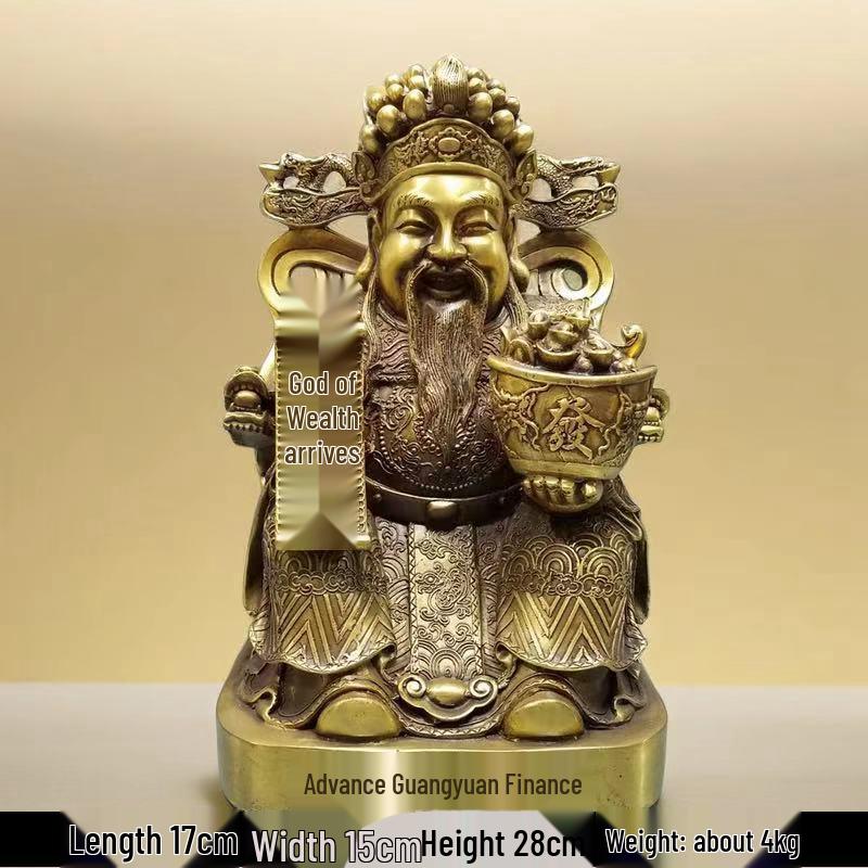 Large Yellow Brass God of Wealth Statue on Dragon Chair, Wen Cai Shen Design, Ideal for Shop Opening or Home Worship.