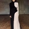 Women's Retro Slimming Evening Dress - Color Block, Round Neck, Long Sleeve, High Waist