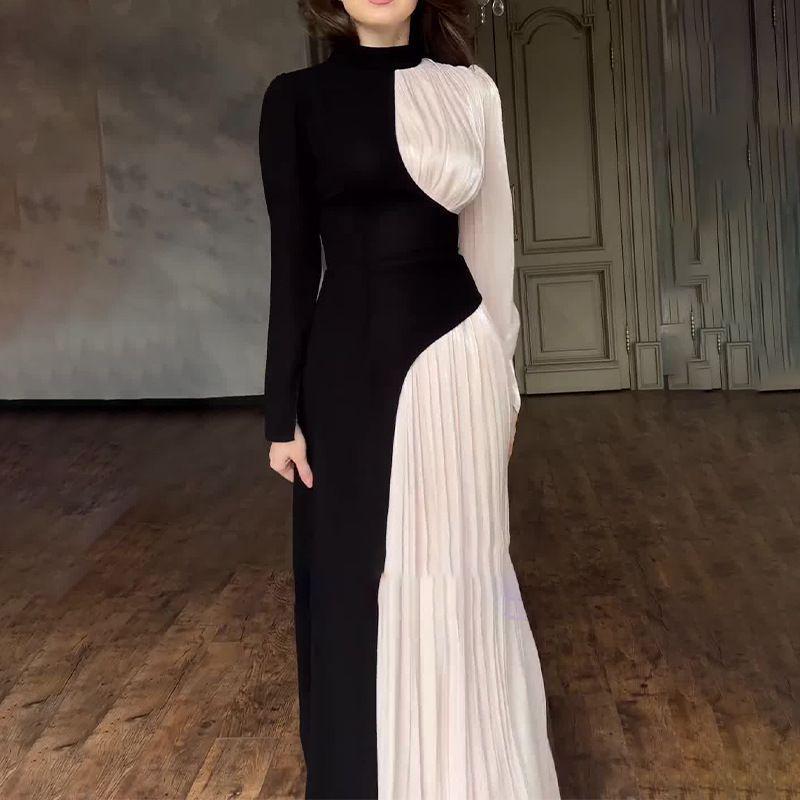 Women's Retro Slimming Evening Dress - Color Block, Round Neck, Long Sleeve, High Waist