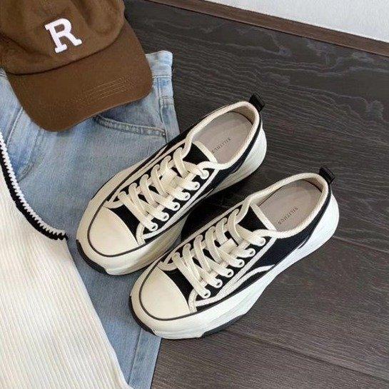 [Yushilai] 2025 spring new Hokkaido thick-soled lace-up canvas shoes for women's low-top flat-soled white shoes for women