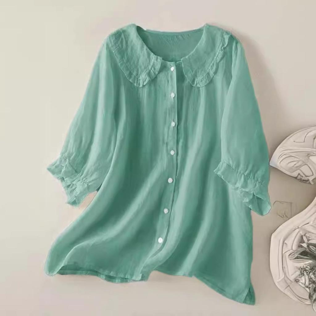 Camisa Suelta de Manga Media con Cuello de Muñeca para Mujer