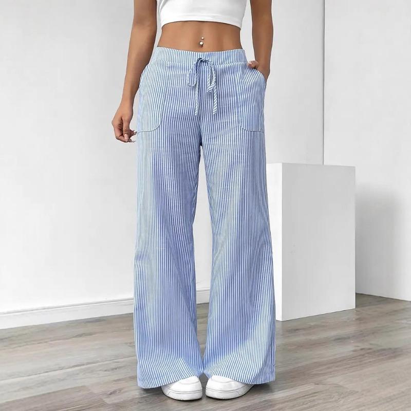 Women Striped Drawstring Wide Leg Casual Summer Pants
