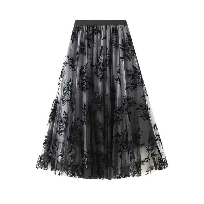

Floral Leaf Embroidered Mesh A-line Midi Skirt - Autumn/Winter Korean Style Women s Fashion One Size сірий колір