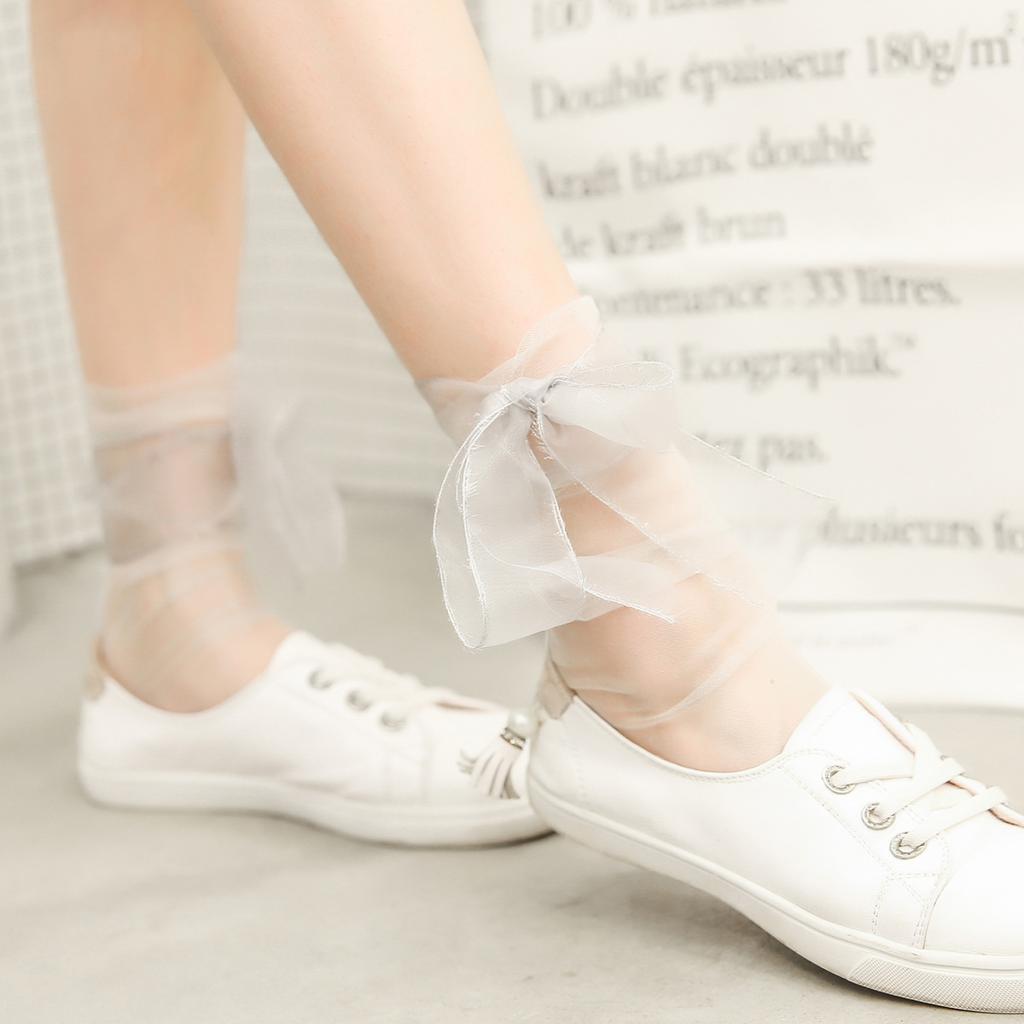 Transparent Mid-Calf Pile-Up Fresh Short Thin Mercerized Nylon Stockings Retro Lace Bow Mesh Socks