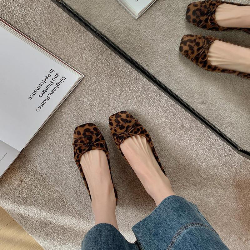 

Sheepskin version~ single shoe femininity square head light mouth bow leopard print thick heel non-slip 35 леопардовый