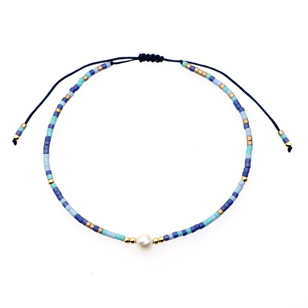 Trendy Deep Blue & Gold Rice Bead Pearl Hand Bracelet: Niche Design Women's Fashion Accessory