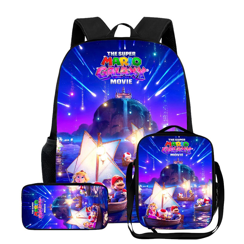 New Mario cartoon backpack, three-piece set for primary and secondary school students, school bag, backpack, shoulder bag, pencil case.