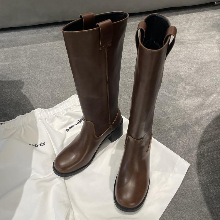 

Версия из коровьей кожи~ толстый каблук широкое голенище высокие сапоги женские новые осенние кожаные рукава тонкие, но сапоги до колена рыцарские сапоги 40