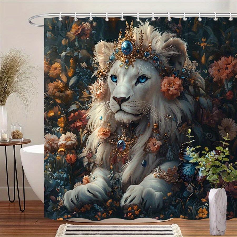

Majestic Lioness Shower Curtain, Blue Eyes & Gold Jewelry, Floral & Butterfly Design, 12 Hooks, Regal Polyester Bathroom Decor W60H190(CM)-1 Pcs
