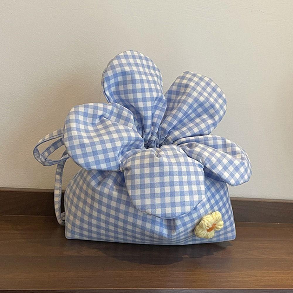 Korean Style Plaid Drawstring Bag Cute Shoulder Bags Casual Flower Handbag  Women