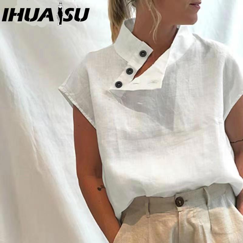 

IHUASU Женские модные повседневные однотонные блузки и рубашки с принтом и коротким рукавом S белый