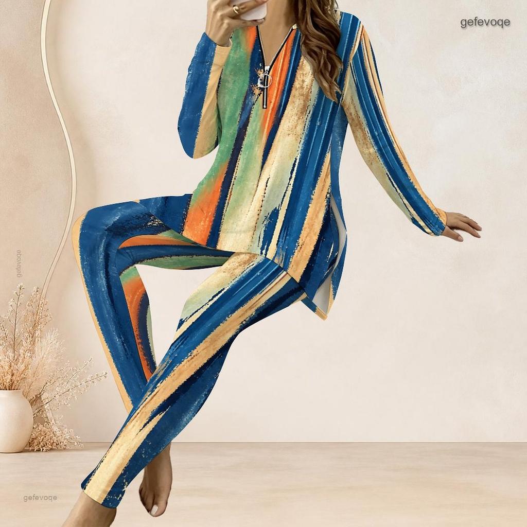 Women Plus Size Blue Green Printed Long Sleeve Front Zip Longline Top And Fitted Pants Two Piece Set