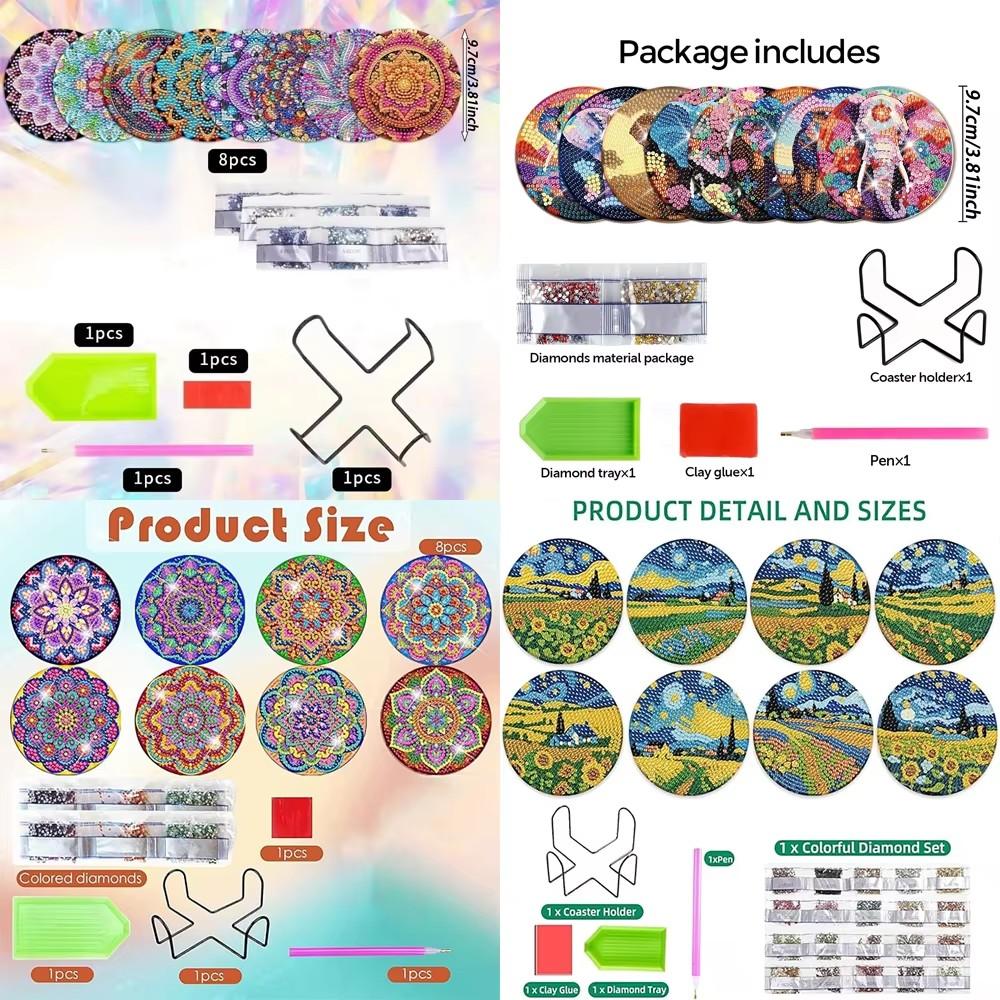 8 Pieces/set of Lunar Starry Sky Diamond Painted Coaster Set with Bracket DIY Coaster for Beginners and Adults, Gift of Art and Crafts Supplies